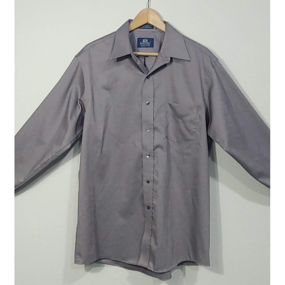 Sanford Wrikle-free 16 1/2 Solid Gray Button Up Long Sleeve Dress Shirt Mens - Picture 3 of 12